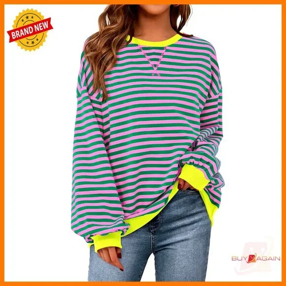 Oversized Striped Sweatshirt, Cotton Blend, Crew Neck, Long Sleeve, Loose Fit - Picture 1 of 7